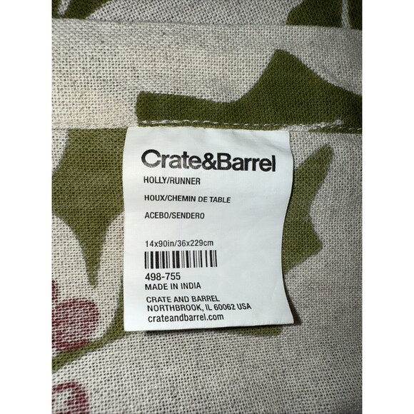Crate & Barrel Holly Table Runner 14x90 Cotton Linen Christmas Holiday Berries - Picture 4 of 7